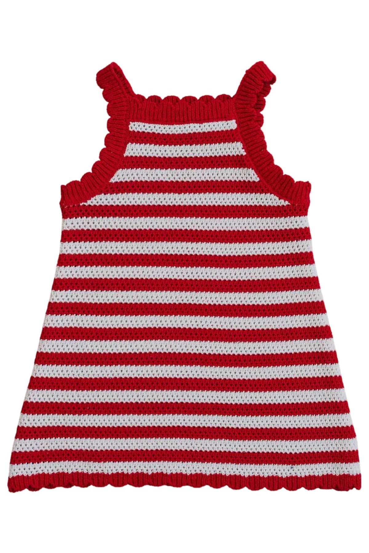 A red and white striped knit cover-up dress features scalloped edges along the neckline and straps. This soft, breathable fabric is perfect for toddlers comfort and style.