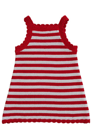 A red and white striped knit cover-up dress features scalloped edges along the neckline and straps. This soft, breathable fabric is perfect for toddlers comfort and style.