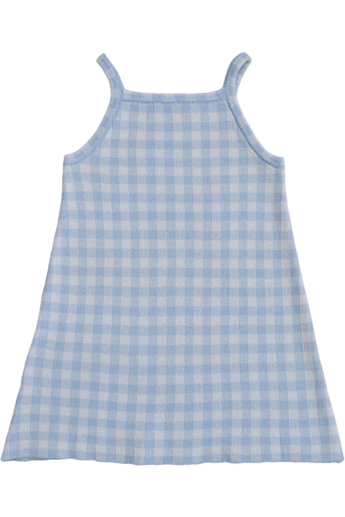 Light blue gingham dress with spaghetti straps, made from soft knit fabric, perfect for warm-weather dressing for babies and kids.
