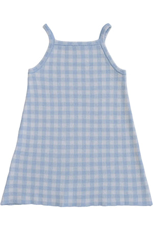Light blue gingham dress with spaghetti straps, made from soft knit fabric, perfect for warm-weather dressing for babies and kids.