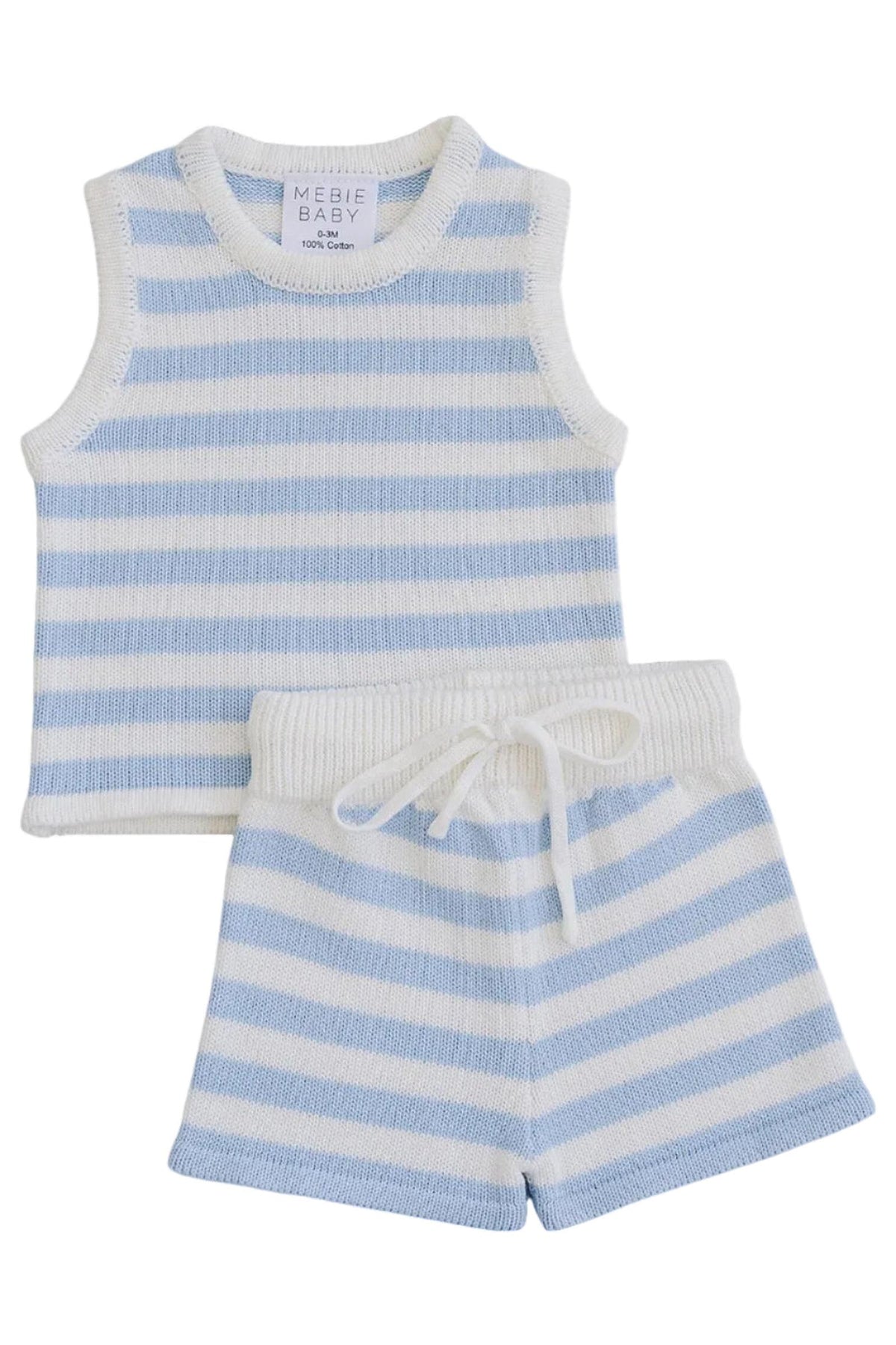 Blue and white striped cotton tank top and shorts set for toddlers, featuring a soft, breathable knit and elastic waistband.