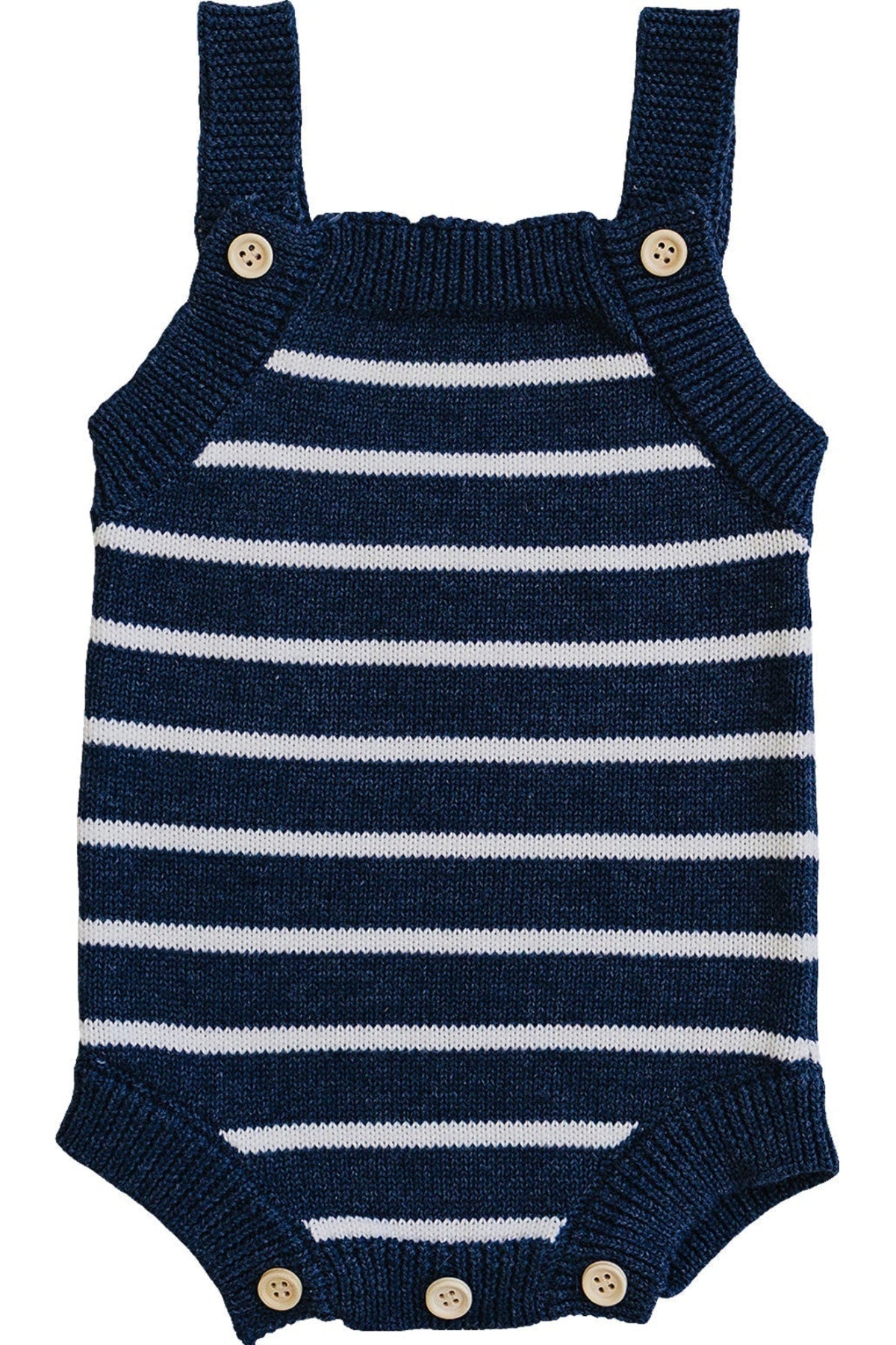 A navy and white striped knit bubble romper features wide shoulder straps and wooden button closures at the bottom.
