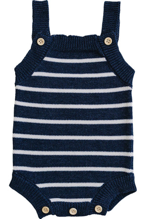 A navy and white striped knit bubble romper features wide shoulder straps and wooden button closures at the bottom.