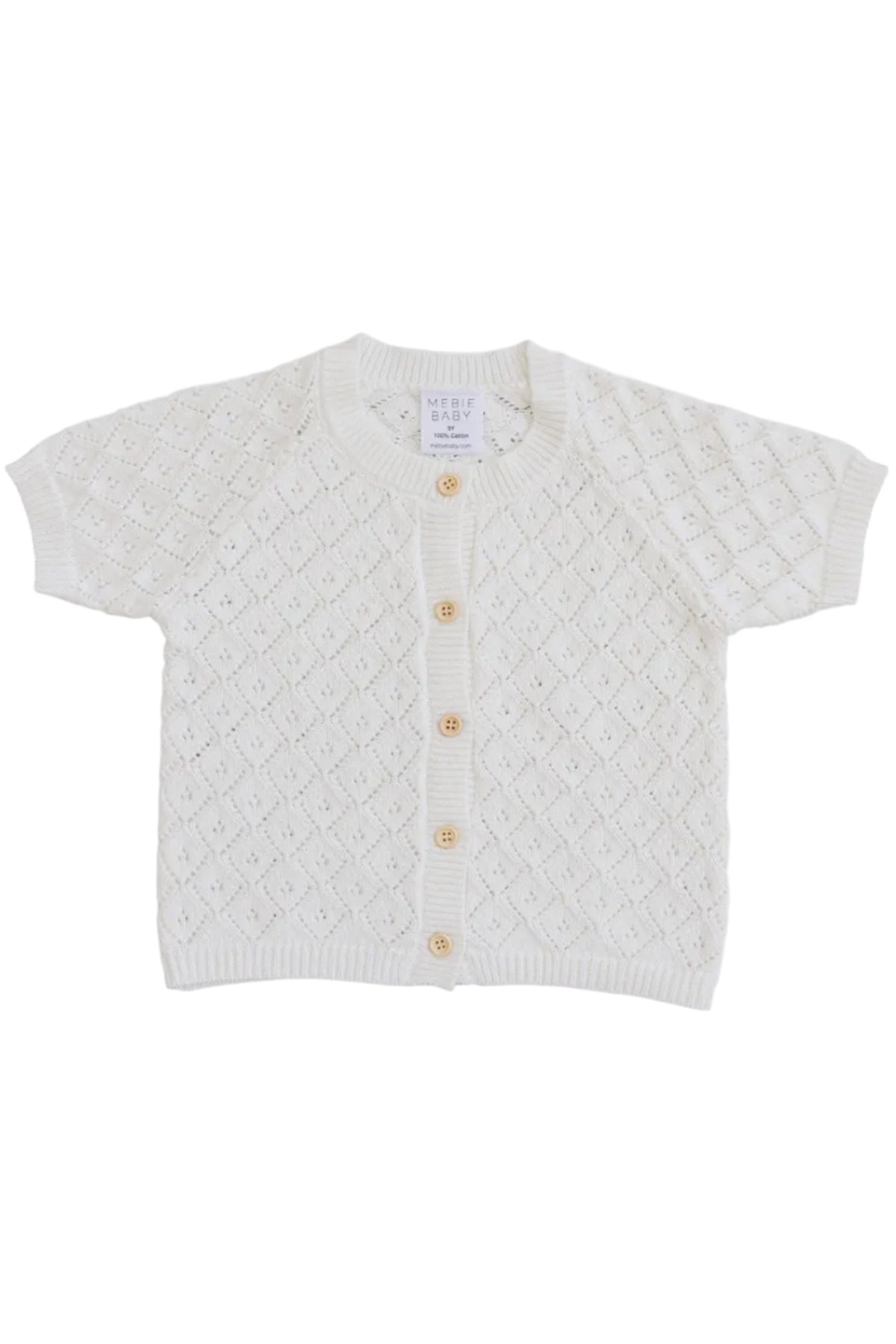 White cotton cardigan with a diamond knit pattern, featuring short sleeves and wooden buttons, designed for toddlers and kids.