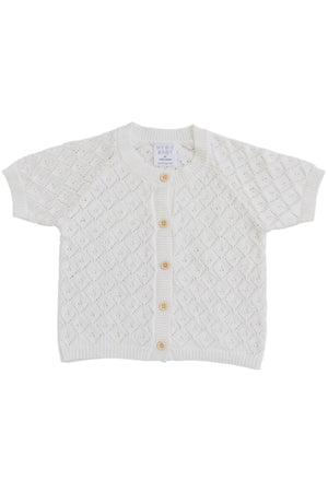 White cotton cardigan with a diamond knit pattern, featuring short sleeves and wooden buttons, designed for toddlers and kids.