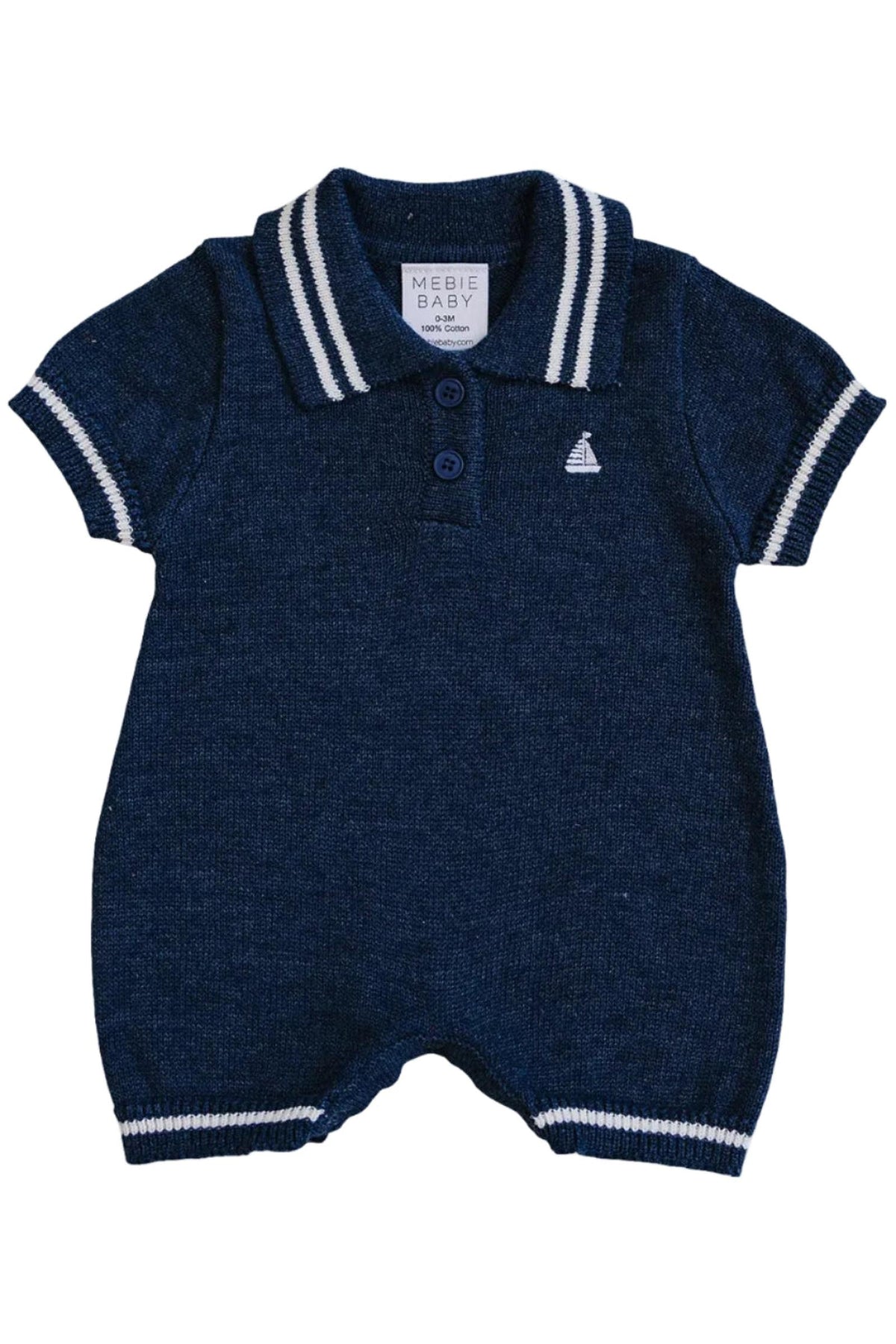 Navy collared knit romper for baby boys featuring white striped accents and an embroidered sailboat design. Made from 100% cotton.