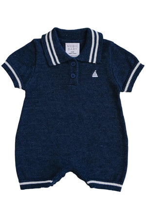 Navy collared knit romper for baby boys featuring white striped accents and an embroidered sailboat design. Made from 100% cotton.