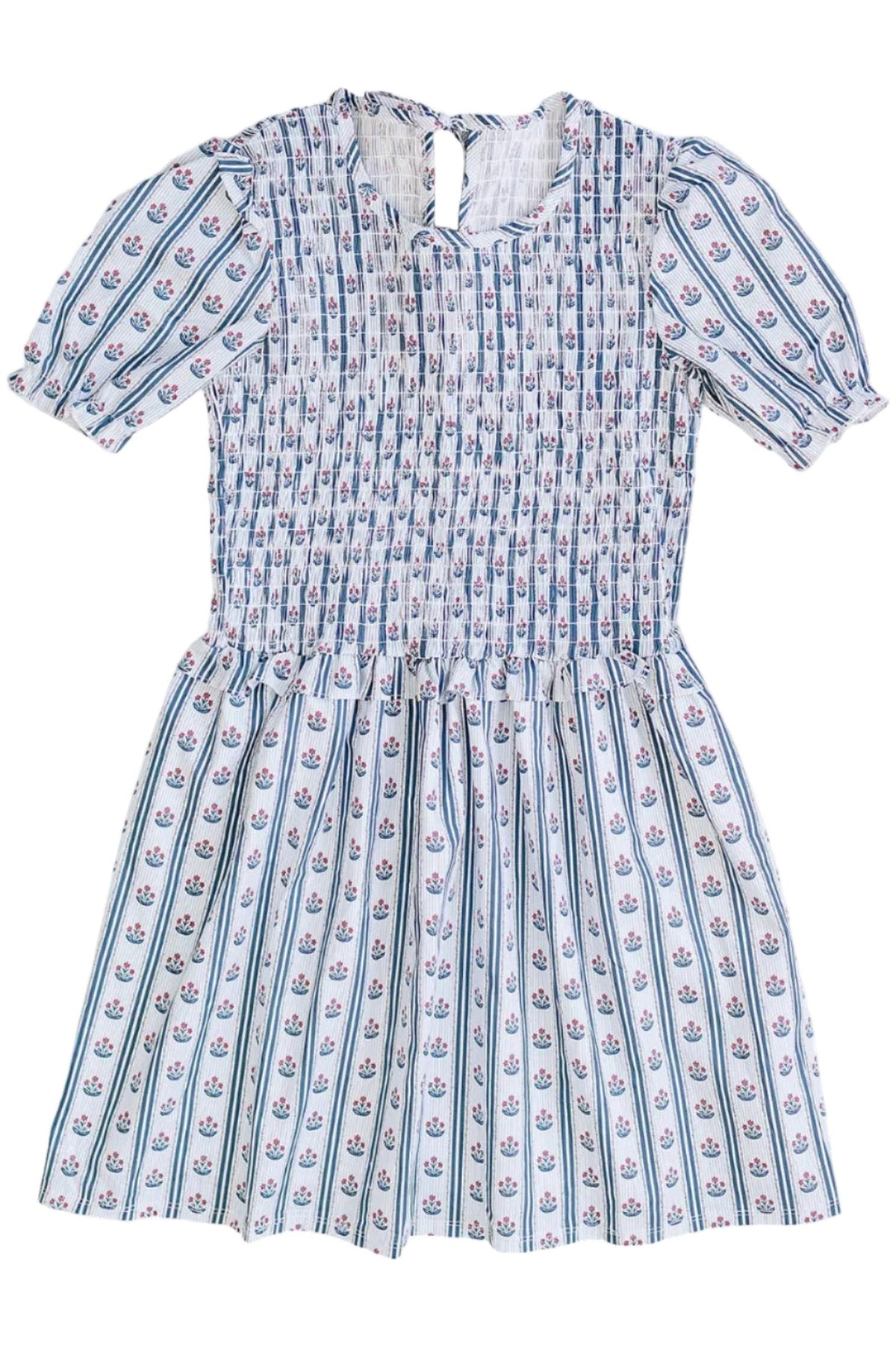 A cotton dress featuring a delicate floral block print in shades of blue and pink, with a smocked bodice and short puff sleeves, suitable for children. Perfect for casual outings.