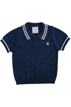 Navy cotton collared shirt featuring a crisp collar, white striped detail, and a small embroidered sailboat logo. Ideal for toddlers.