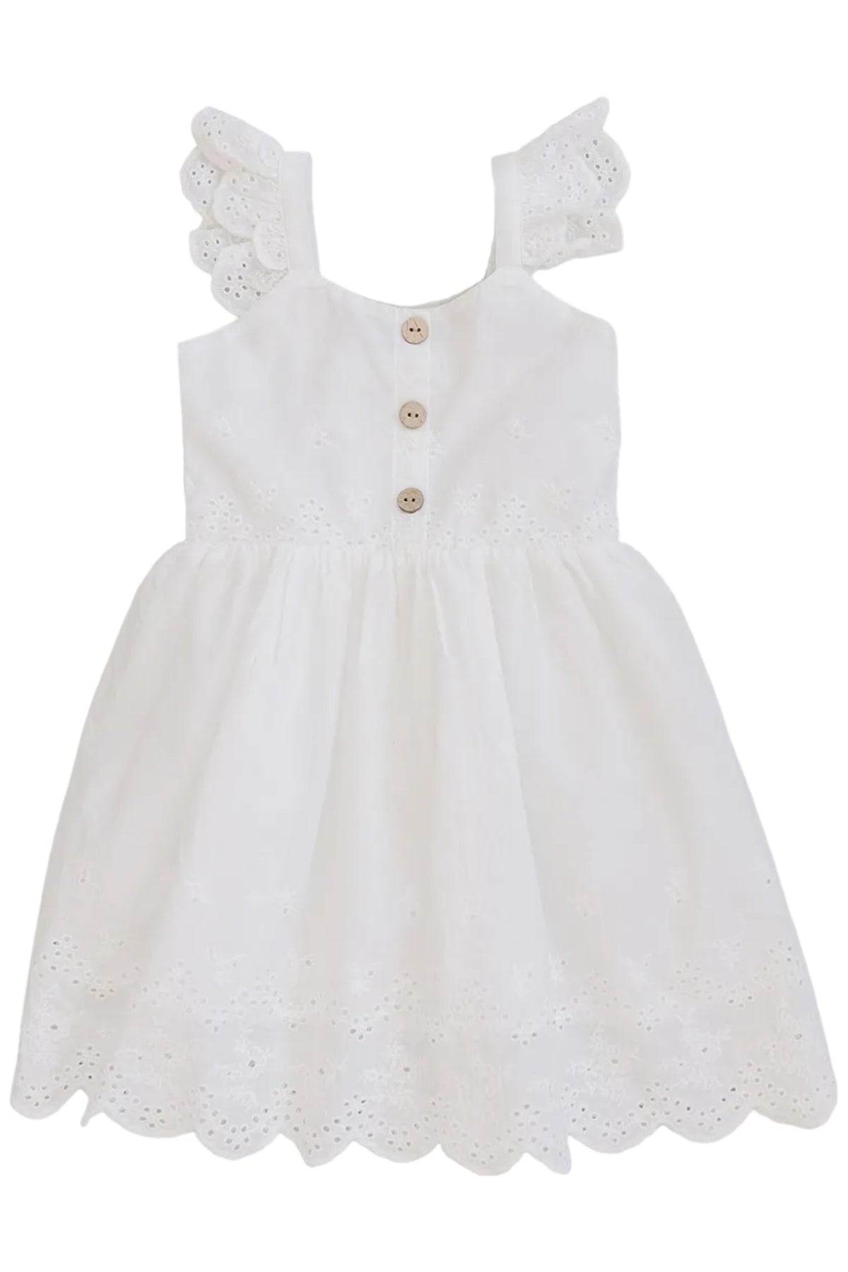 White eyelet cotton dress featuring delicate lace detailing and scalloped sleeves. The dress has a button closure at the back, perfect for spring days and designed for baby girls.