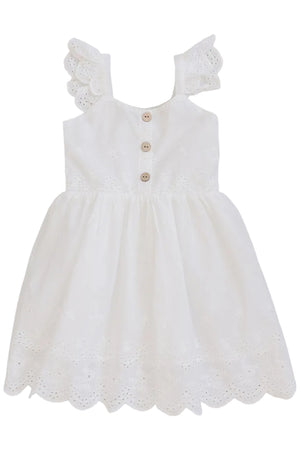 White eyelet cotton dress featuring delicate lace detailing and scalloped sleeves. The dress has a button closure at the back, perfect for spring days and designed for baby girls.