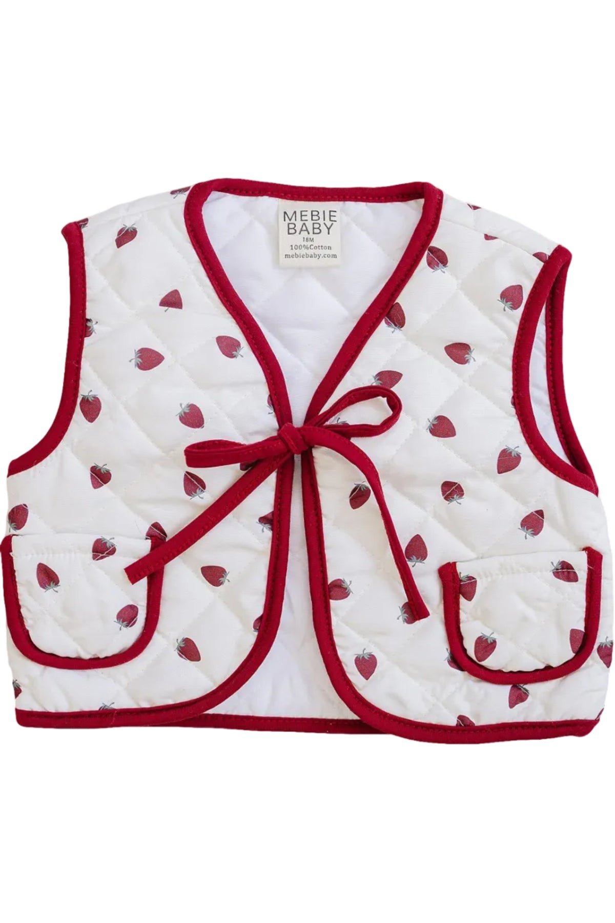 A cozy, quilted cotton vest by Mebie Baby features a playful allover strawberry print, complemented by a red trim and matching tie, perfect for layering on little ones.