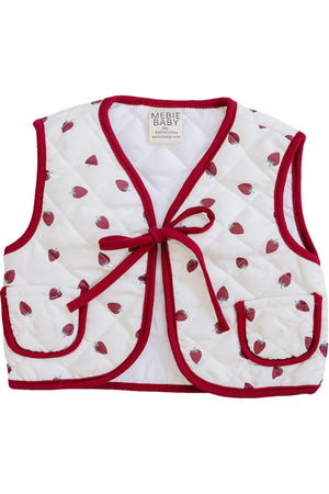 A cozy, quilted cotton vest by Mebie Baby features a playful allover strawberry print, complemented by a red trim and matching tie, perfect for layering on little ones.