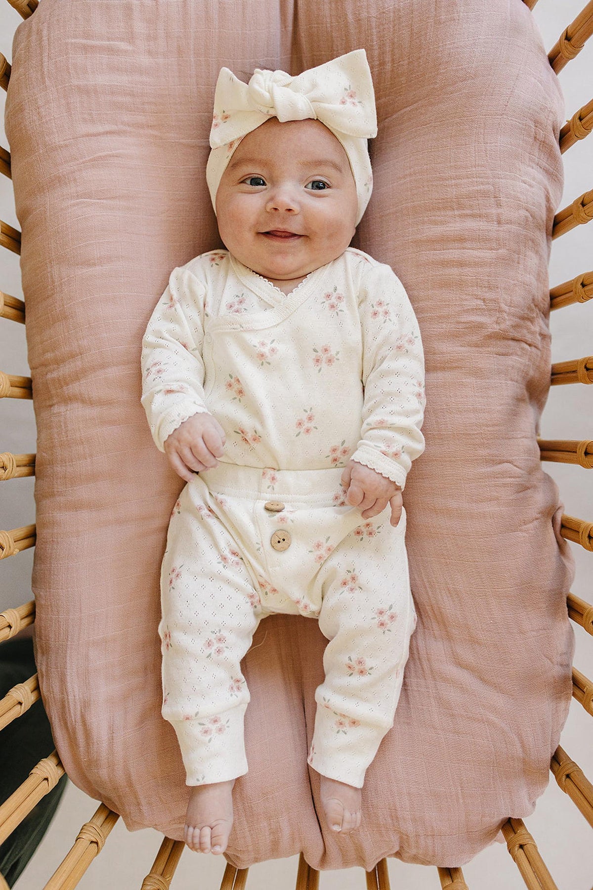 Timeless Pink Floral Pointelle Layette Cotton Set