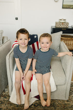 Navy Stripes Ribbed Cozy Shorts Set | Bamboo