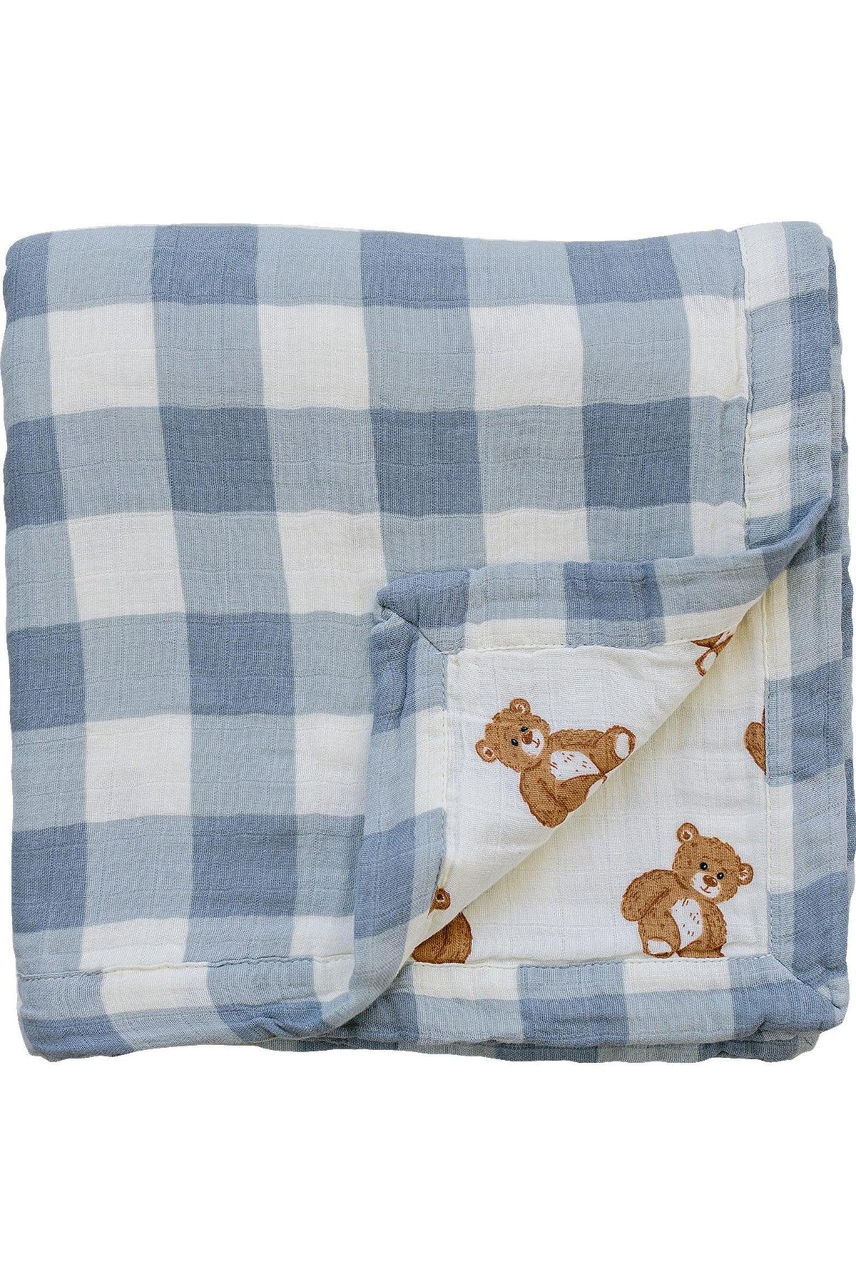 Dusty blue gingham muslin crib quilt featuring a playful teddy bear print on one side. Made from 100% organic cotton, this quilt is soft and perfect for infants.