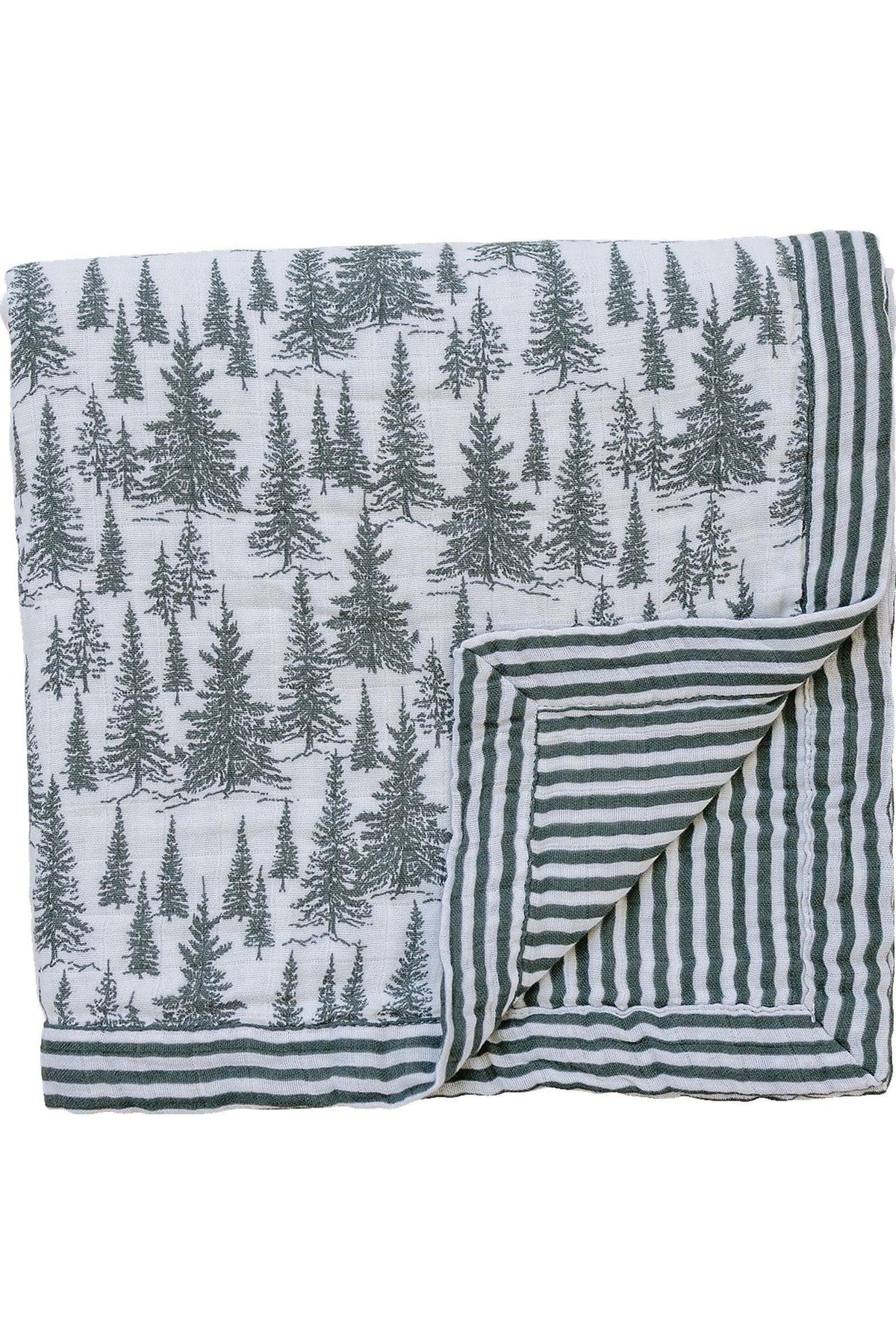 Green tree pattern muslin crib quilt with green striped border; crafted from soft, organic cotton.