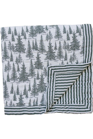 Green tree pattern muslin crib quilt with green striped border; crafted from soft, organic cotton.