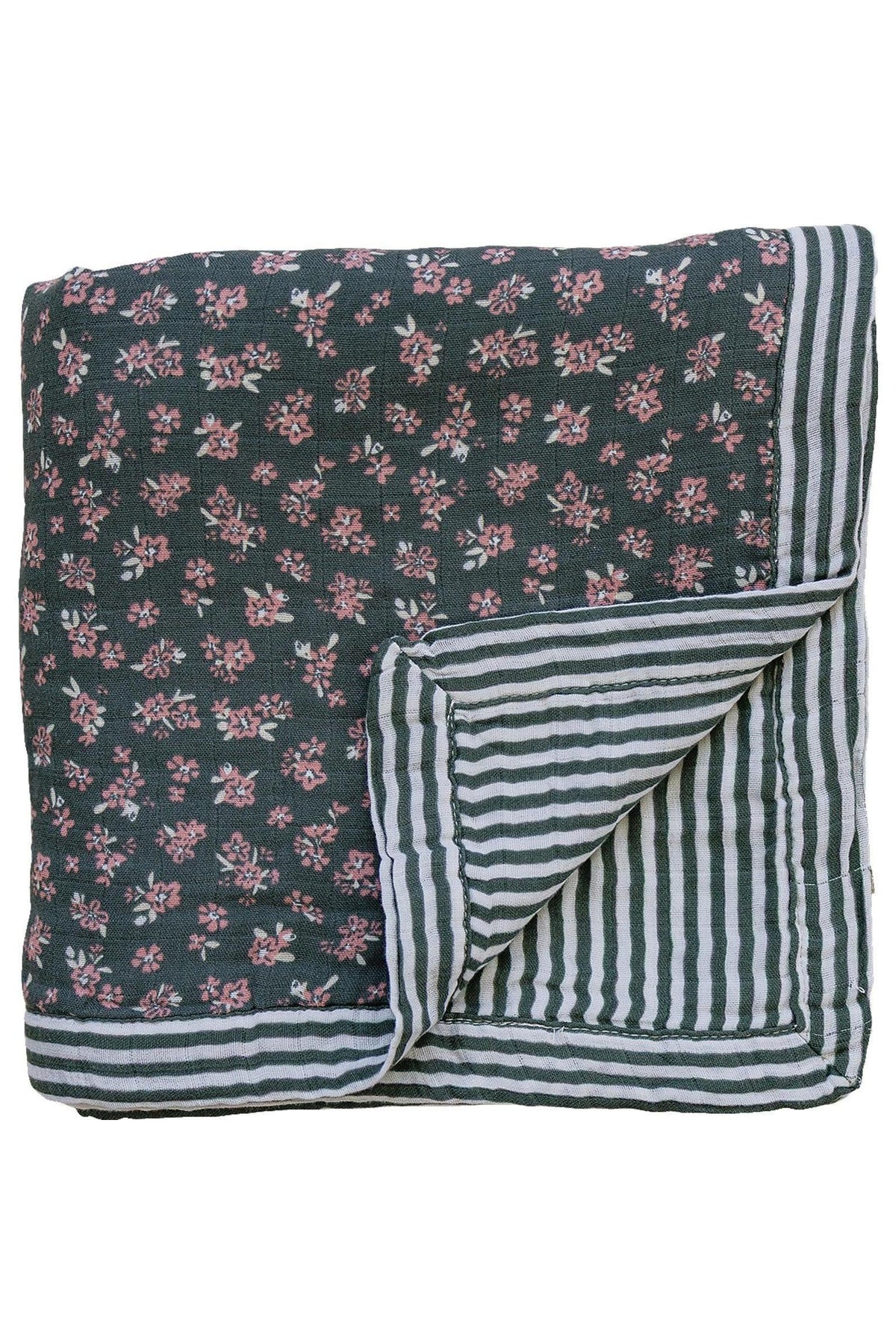 Olive green quilt with pink floral pattern and green stripes, made of soft muslin cotton for babies.