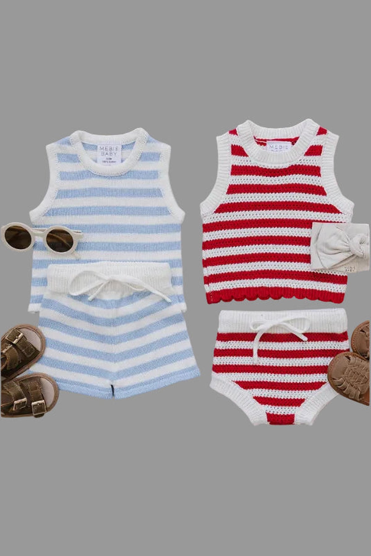 Two sets of baby outfits are displayed: a blue and white striped tank and shorts set, alongside a red and white striped tank and bloomer set.