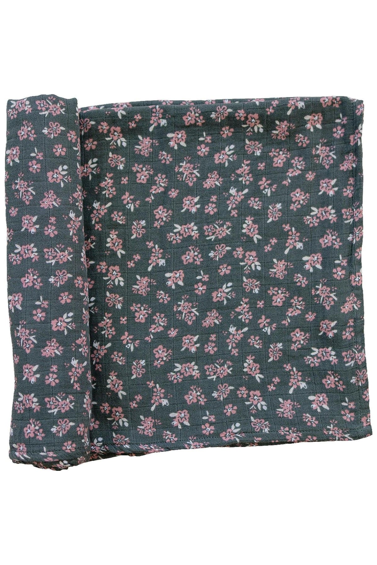 Dark green muslin swaddle blanket with pink floral pattern, made from 100% cotton, displayed folded on a white background.