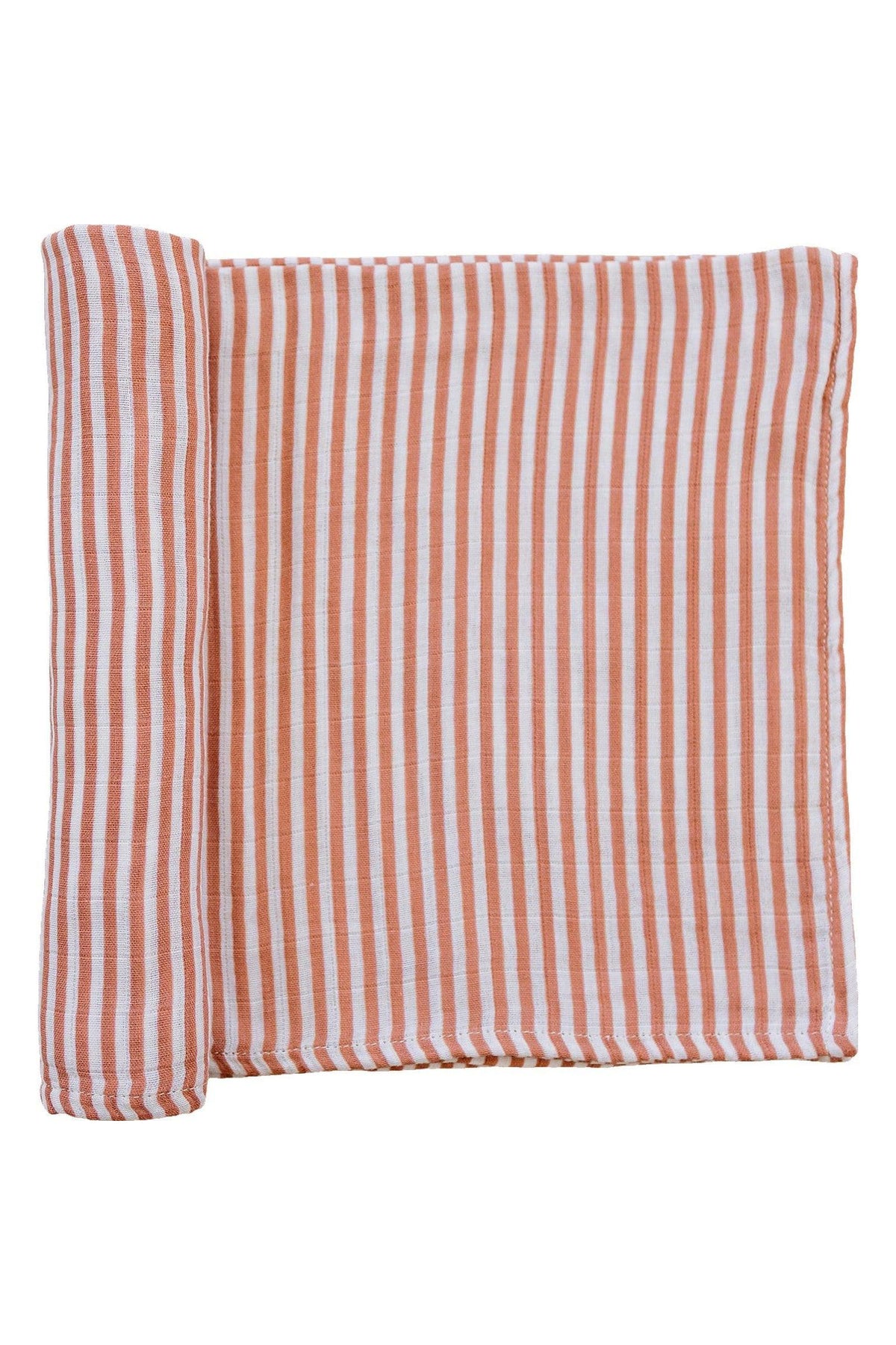 A rolled and folded muslin swaddle blanket with pink and white stripes, made from 100% cotton fabric.