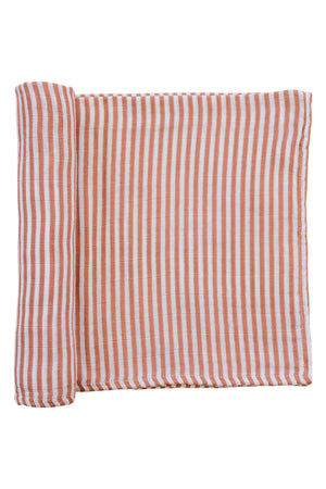 A rolled and folded muslin swaddle blanket with pink and white stripes, made from 100% cotton fabric.