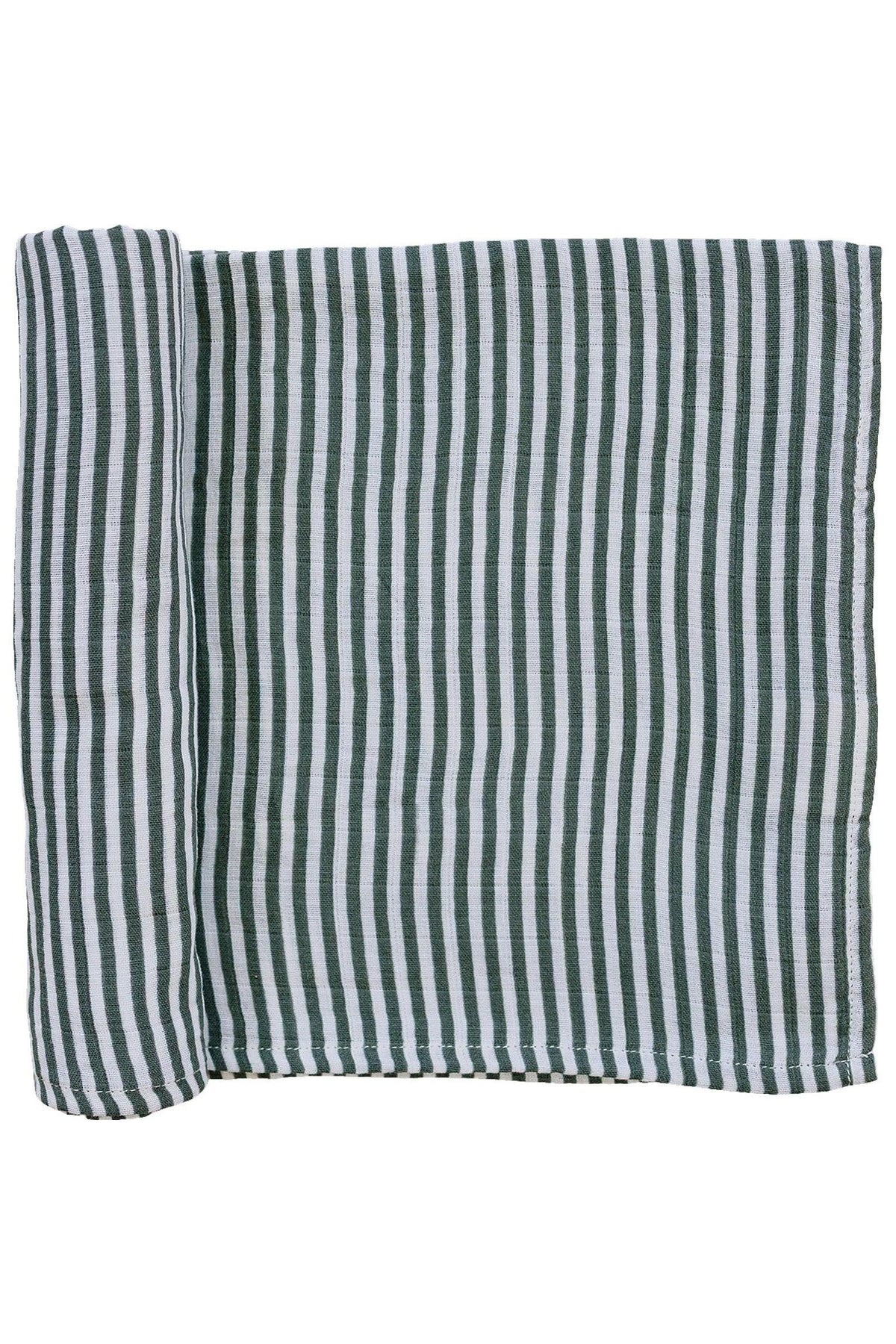 Green and white striped muslin swaddle blanket, made from 100% cotton, neatly folded and displayed.