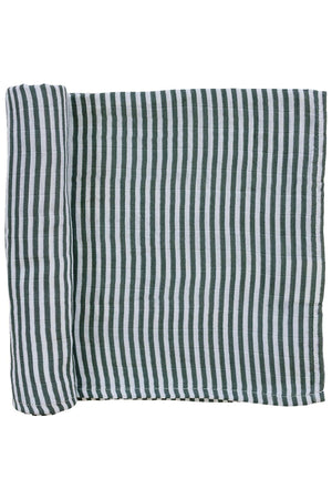 Green and white striped muslin swaddle blanket, made from 100% cotton, neatly folded and displayed.