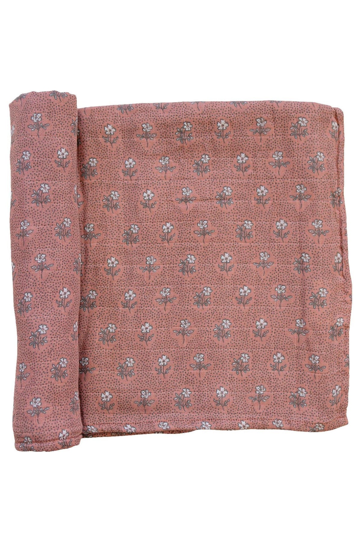 A pink floral muslin swaddle blanket with a vintage pattern, made from soft 100% cotton fabric.