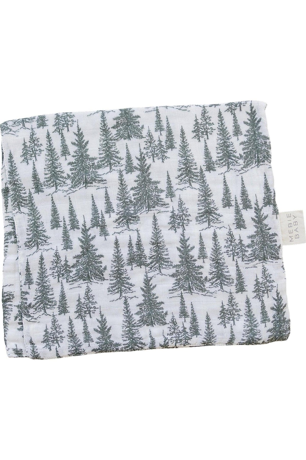 White muslin burp cloth with green tree pattern, featuring a Mebie Baby label on the side.