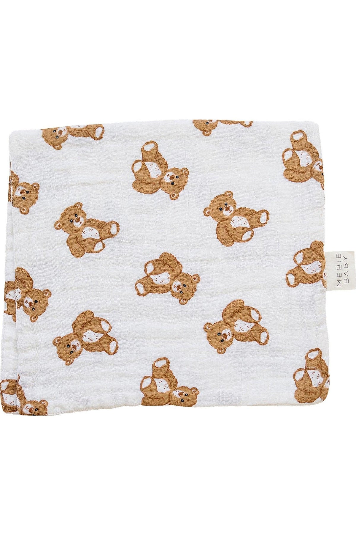 White muslin burp cloth featuring a pattern of brown teddy bears, labeled “Mebie Baby.” Made from 100% cotton.