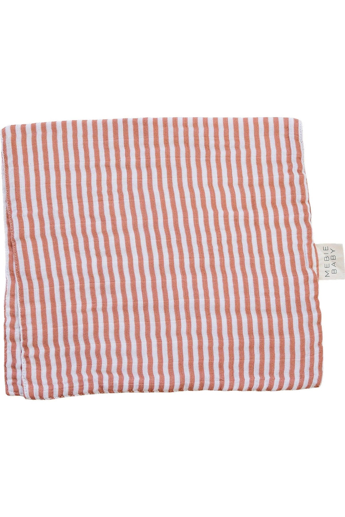 Mebie Baby muslin burp cloth with pink and white stripes, featuring a small brand tag on the side.