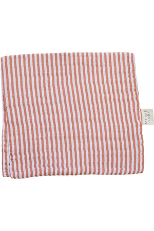Mebie Baby muslin burp cloth with pink and white stripes, featuring a small brand tag on the side.