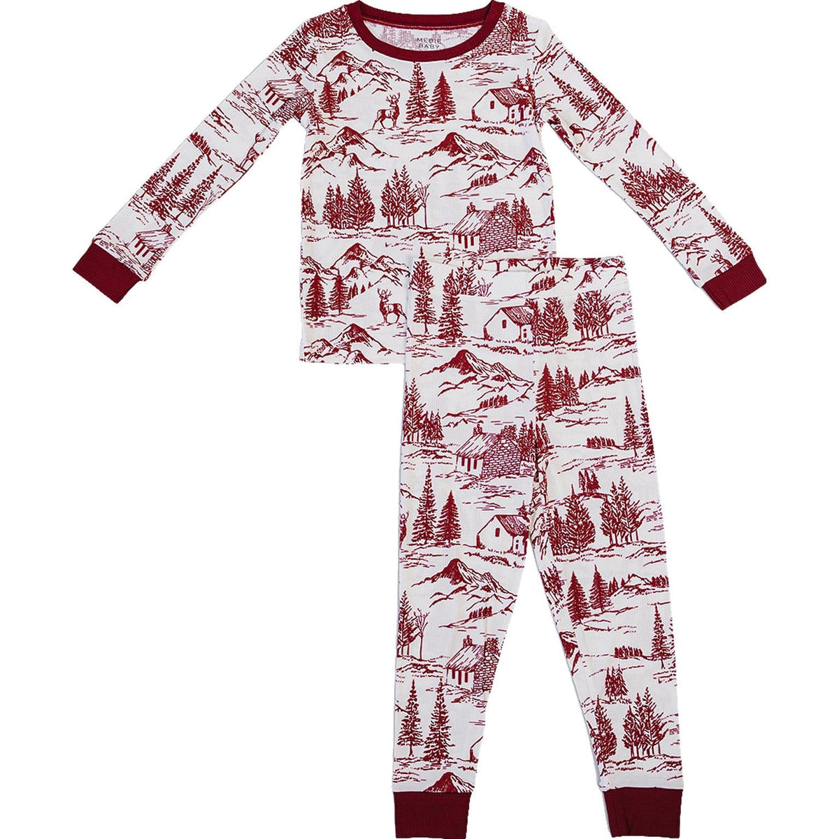 A cozy bamboo pajama set featuring a whimsical holiday toile print in red and white, designed for children. Perfect for festive mornings, it offers comfort and a classic seasonal touch.