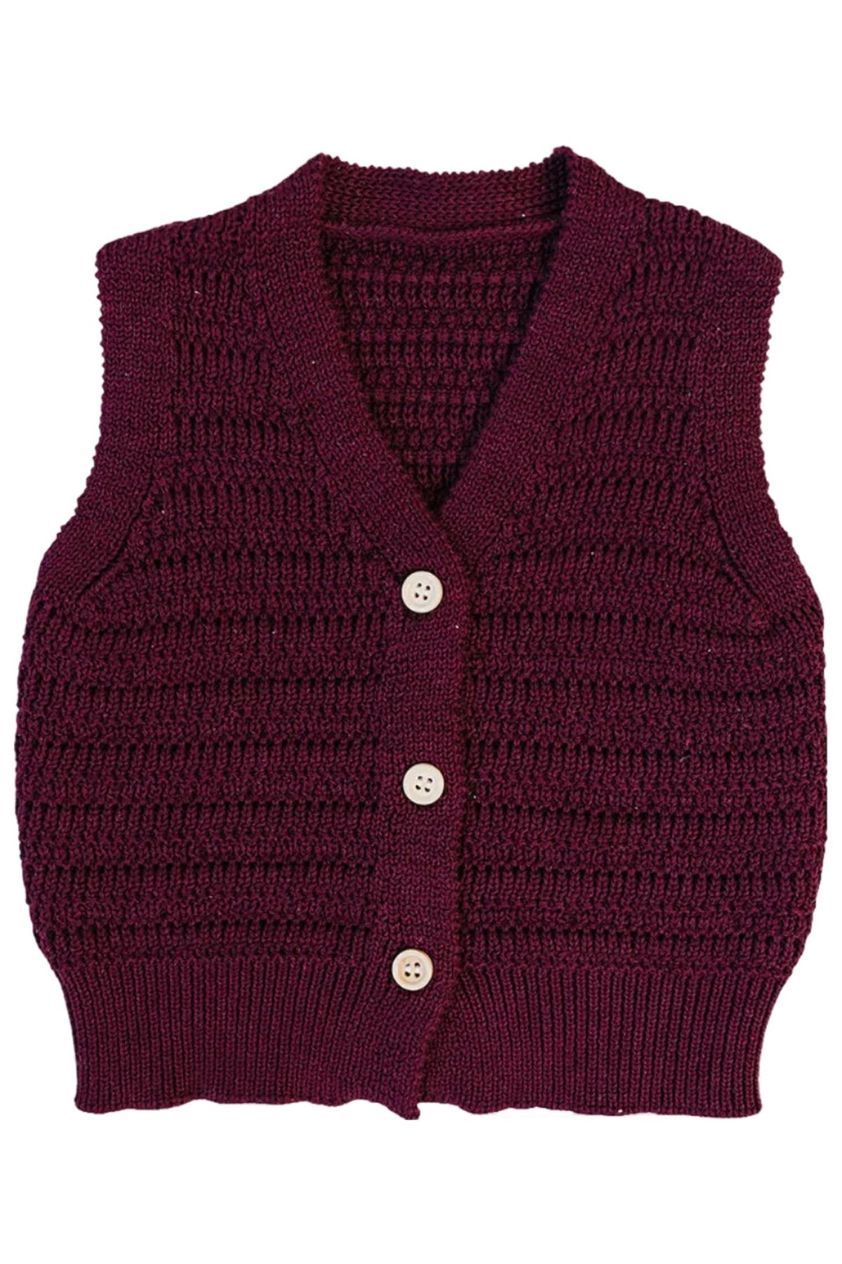 Burgundy knit cotton vest featuring a textured pattern and wooden buttons, designed for babies and kids. This soft, breathable garment offers a stylish layering option for various occasions.