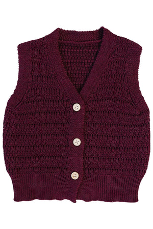 Burgundy knit cotton vest featuring a textured pattern and wooden buttons, designed for babies and kids. This soft, breathable garment offers a stylish layering option for various occasions.