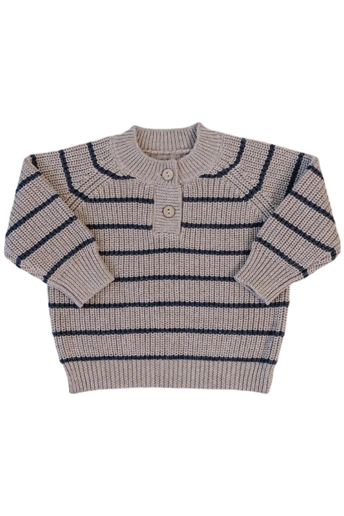 A cozy knit sweater featuring brown and charcoal stripes, with a round neckline and two button closures. This sustainable piece is perfect for casual wear during cooler weather.