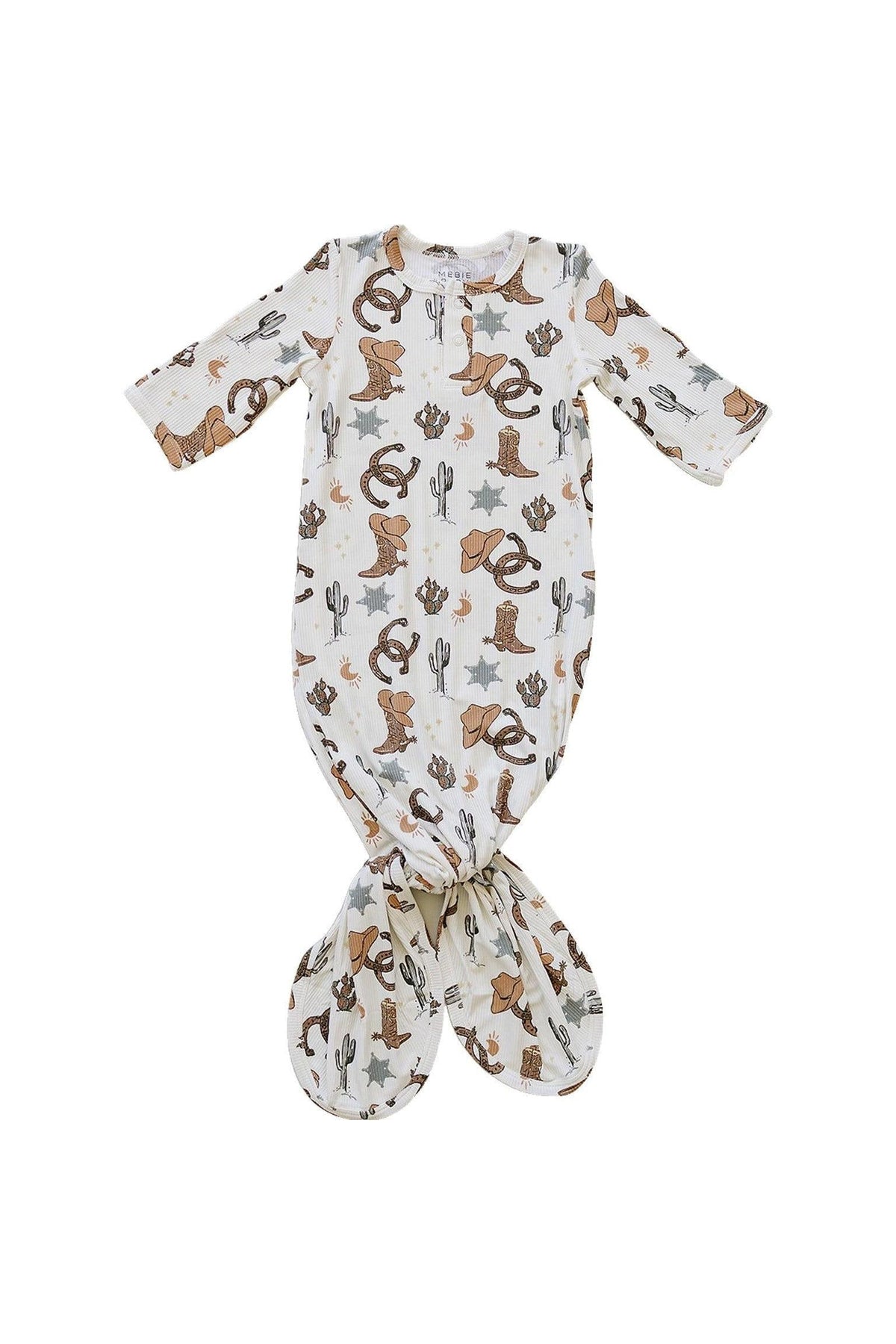 White baby gown with cowboy-themed print, featuring hats, boots, and cacti, made of ribbed bamboo fabric.