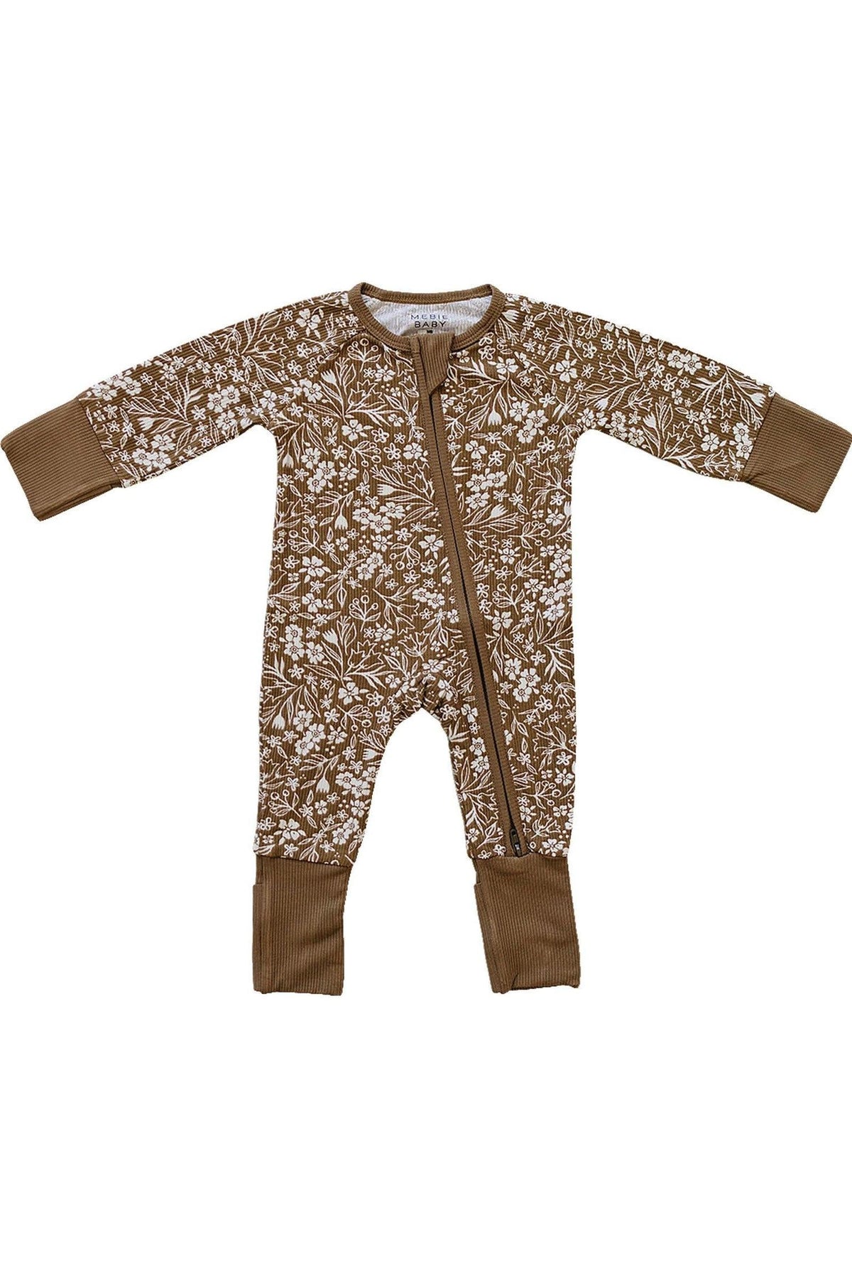 Mebie Baby Brown Floral Ribbed Zipper Pajama | Bamboo