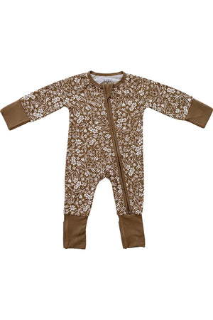 Mebie Baby Brown Floral Ribbed Zipper Pajama | Bamboo