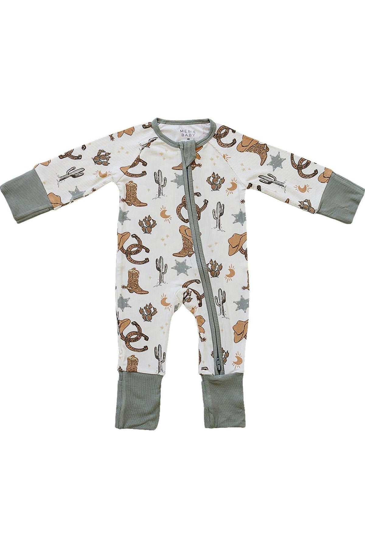 Gender-neutral bamboo pajama featuring a rodeo print with cacti and horseshoes etc. Designed for comfort with a double zipper.