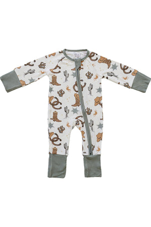Gender-neutral bamboo pajama featuring a rodeo print with cacti and horseshoes etc. Designed for comfort with a double zipper.