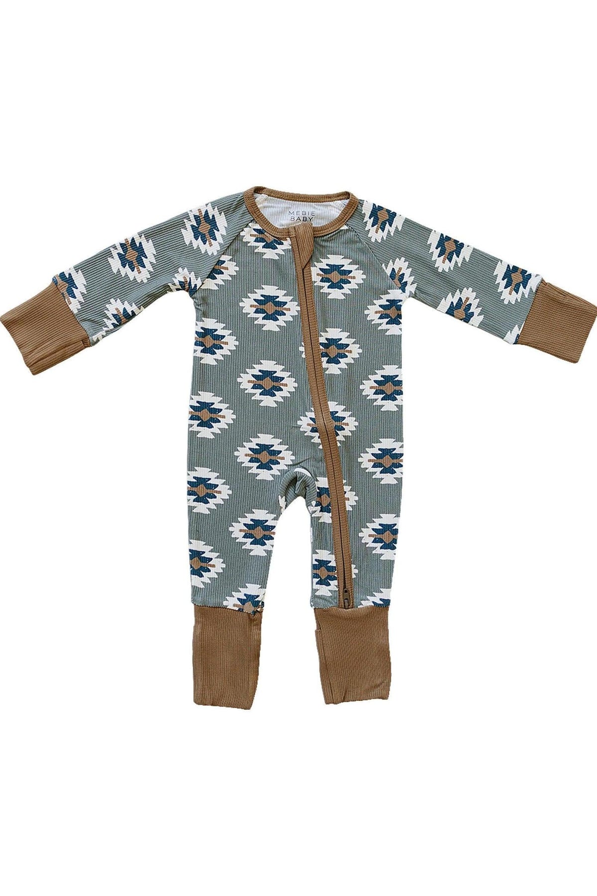 Mebie Baby ribbed zipper pajama with Southwest Aztec pattern, featuring brown cuffs and eco-friendly bamboo fabric.