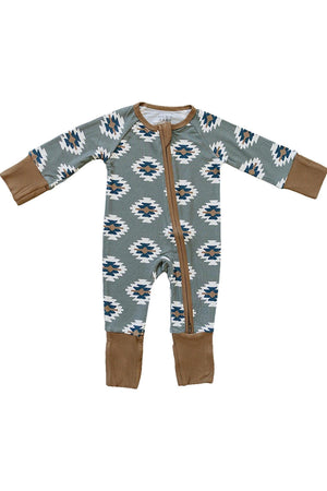 Mebie Baby ribbed zipper pajama with Southwest Aztec pattern, featuring brown cuffs and eco-friendly bamboo fabric.