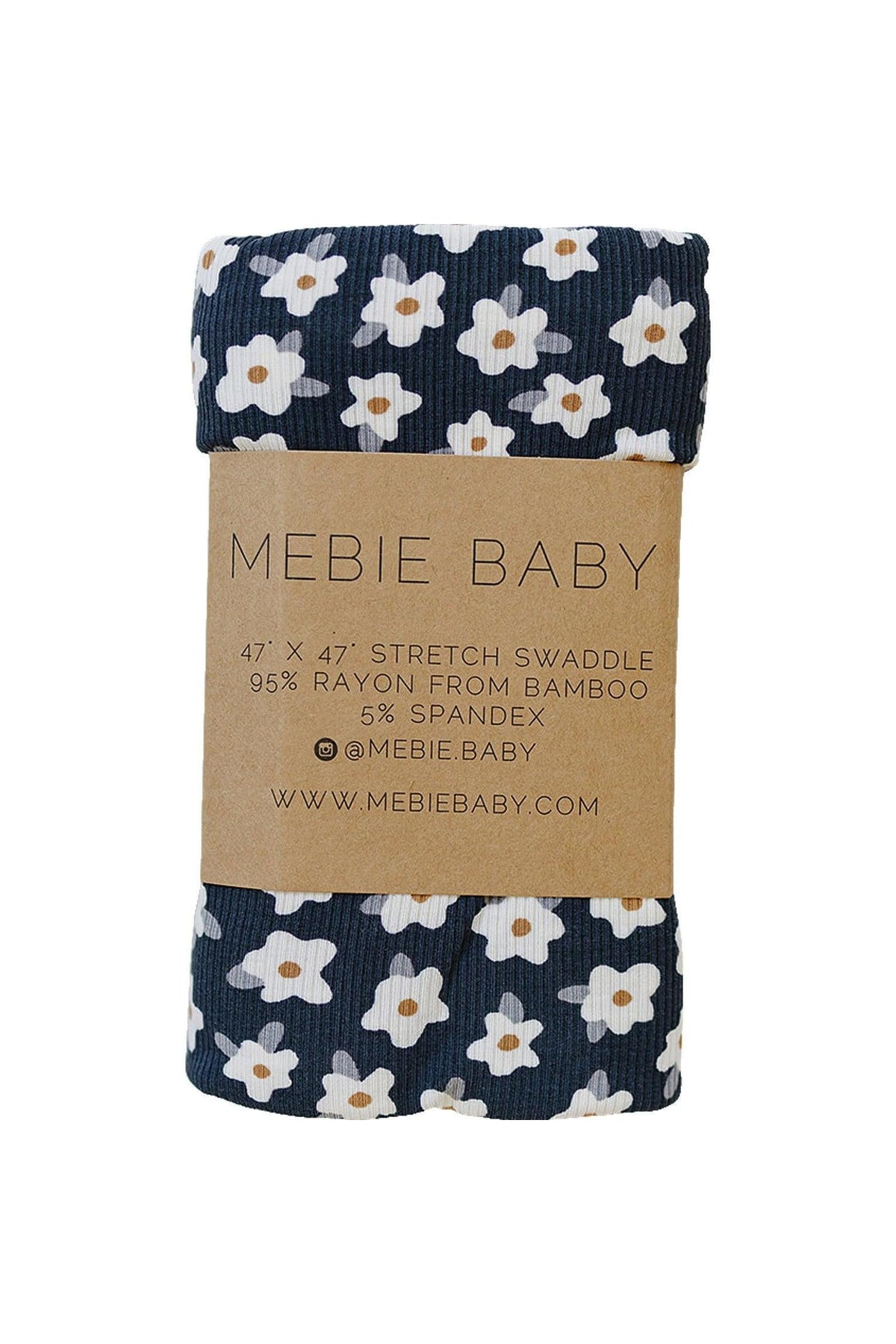 Navy stretch swaddle from Mebie Baby featuring a floral design, made of 95% bamboo rayon and 5% spandex.