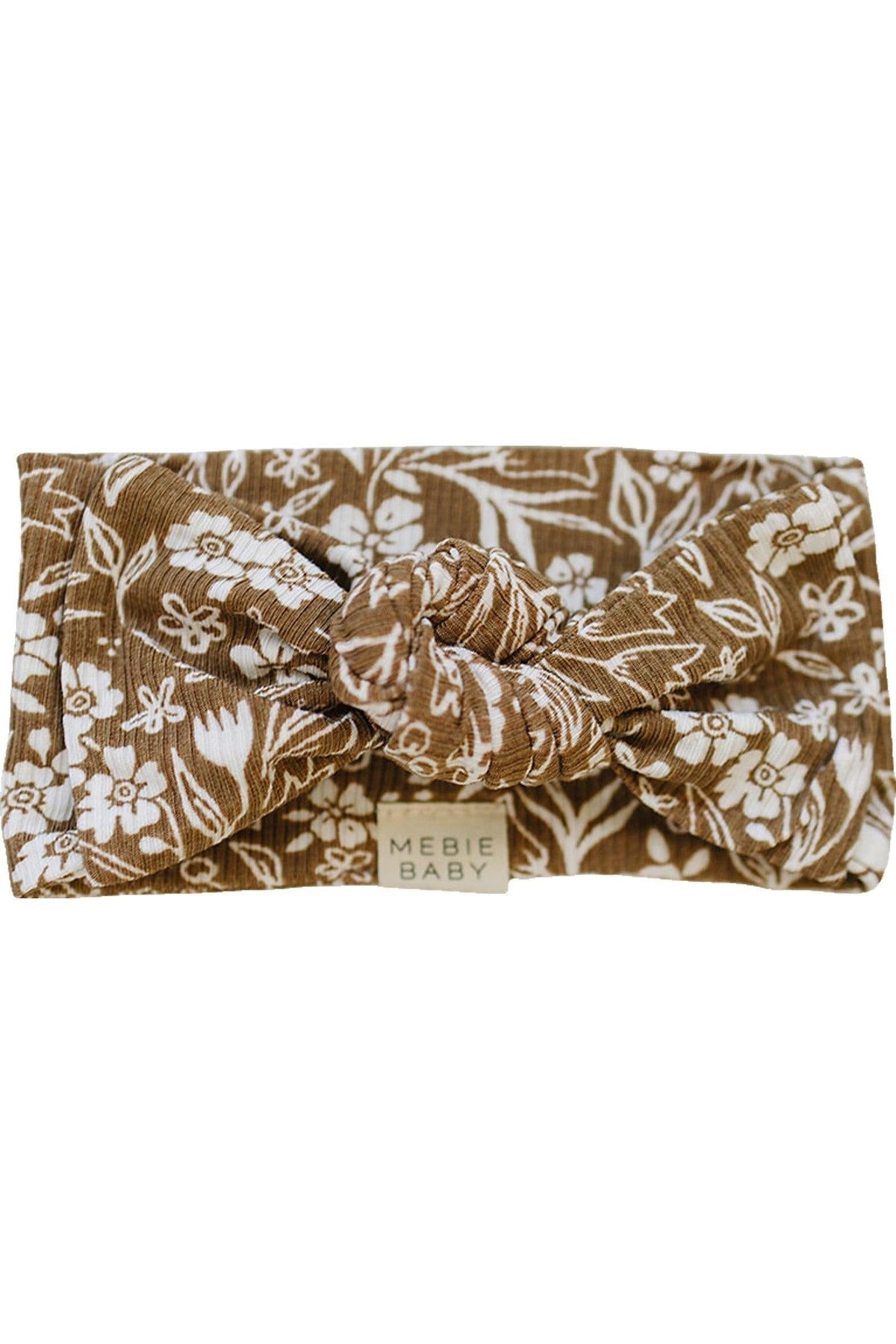 A brown floral ribbed head wrap from Mebie Baby, made of soft bamboo fabric. The design features a knotted front and is suitable for infants, offering comfort and style.