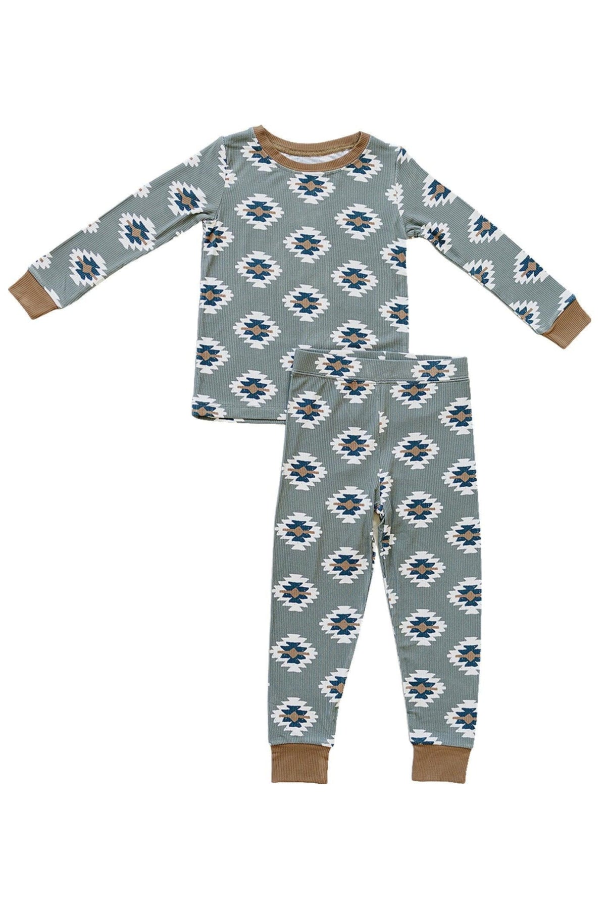 Green pajama set with Southwest Aztec pattern, featuring ribbed cuffs and eco-friendly bamboo fabric. Suitable for children.