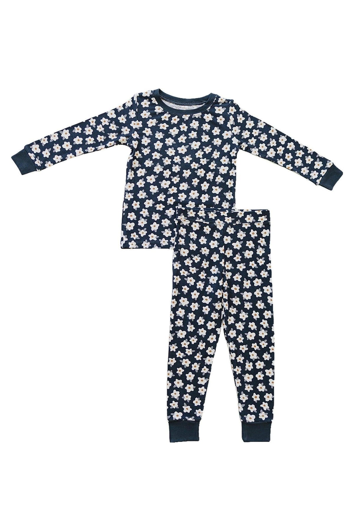 Navy pajama set with white daisy pattern, long sleeves, and ribbed cuffs made from soft bamboo fabric.