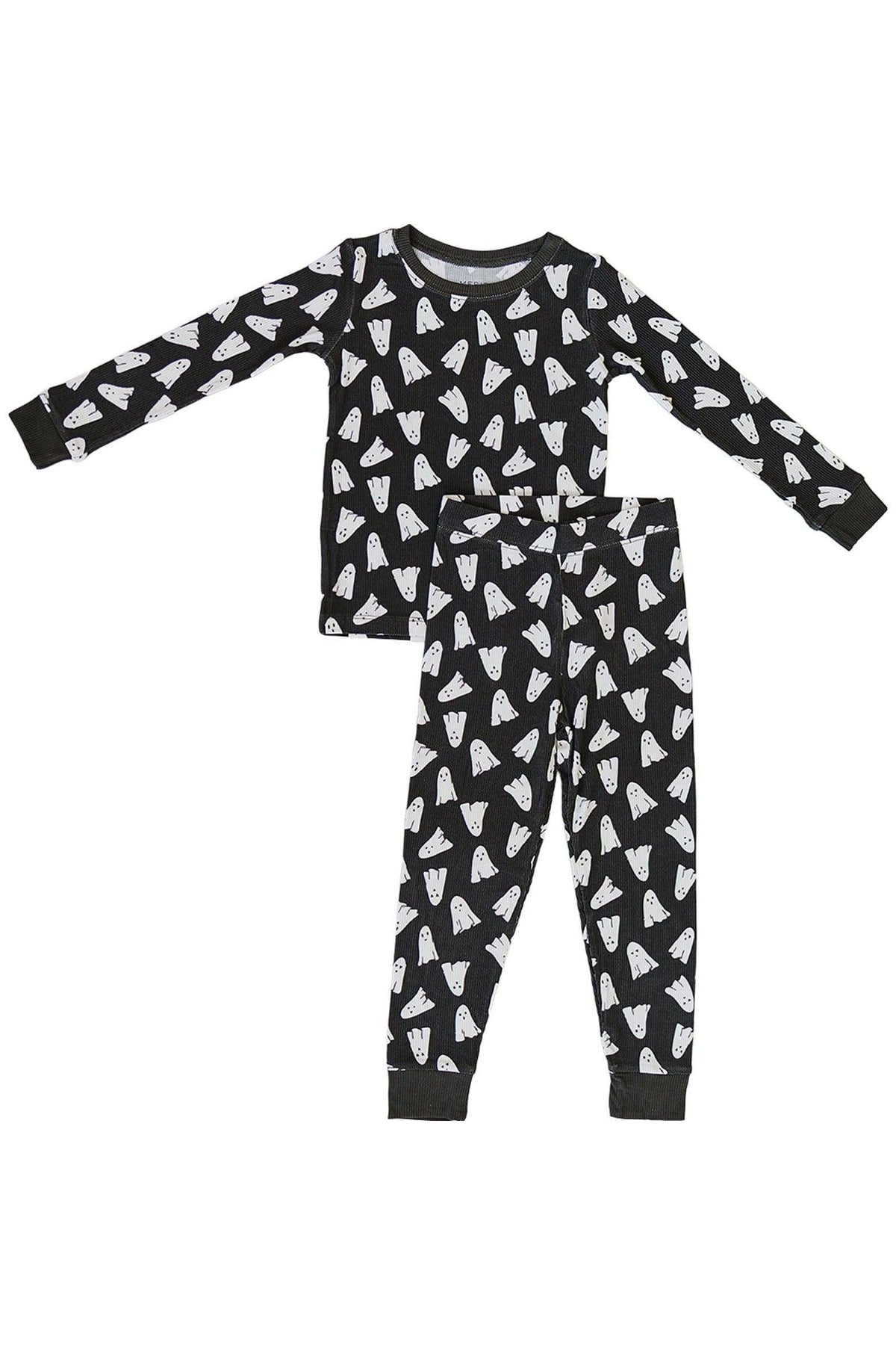 Black pajama set with white ghost print, made from bamboo fabric, featuring long sleeves and pants.
